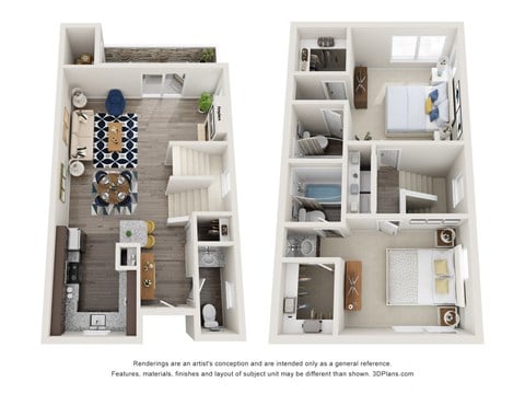 Floor plan for 2 beds, 2.5 baths, 1000 sqft